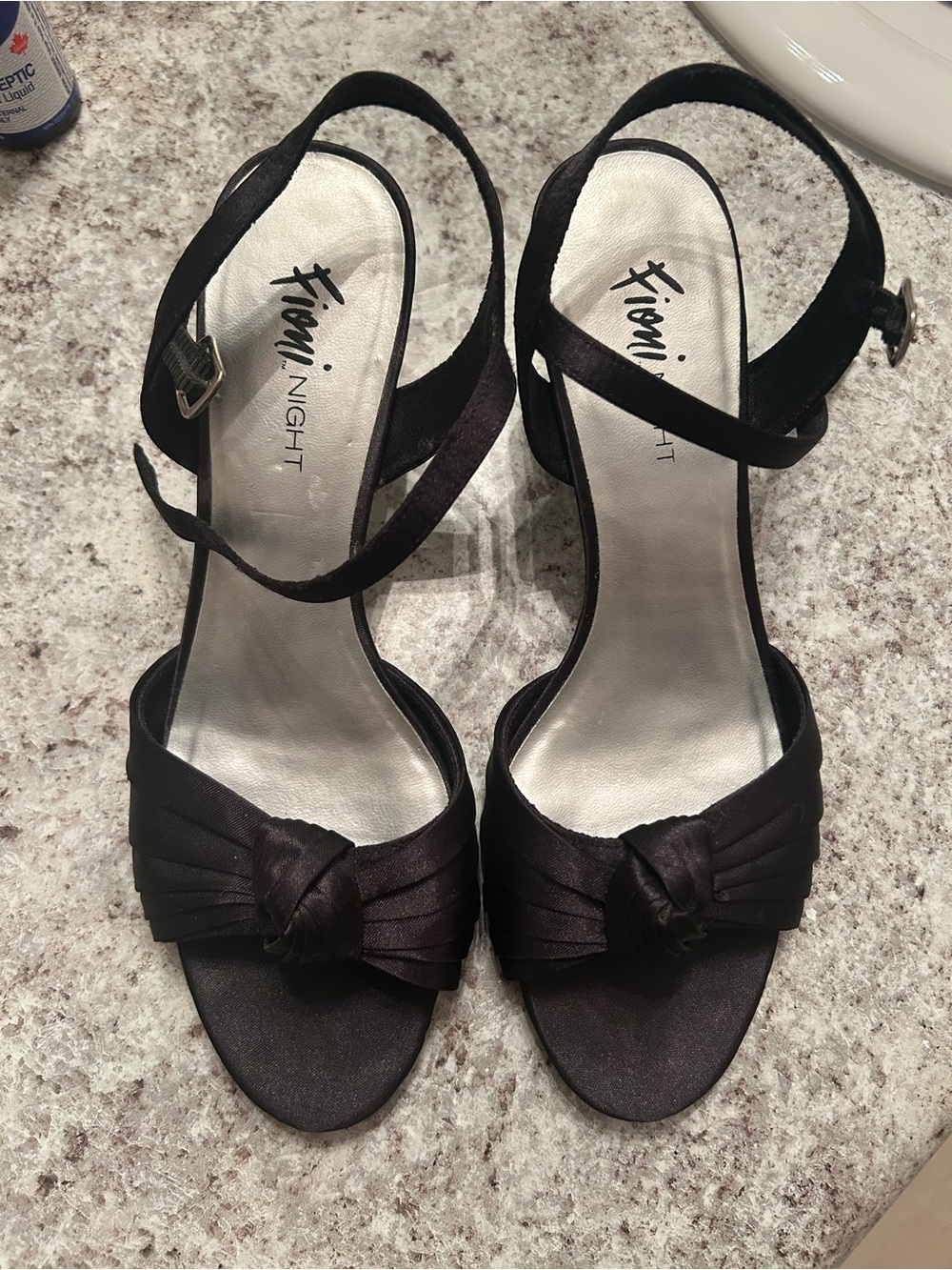 FIONI Black Satin Knotted Ankle-Strap Kitten heel